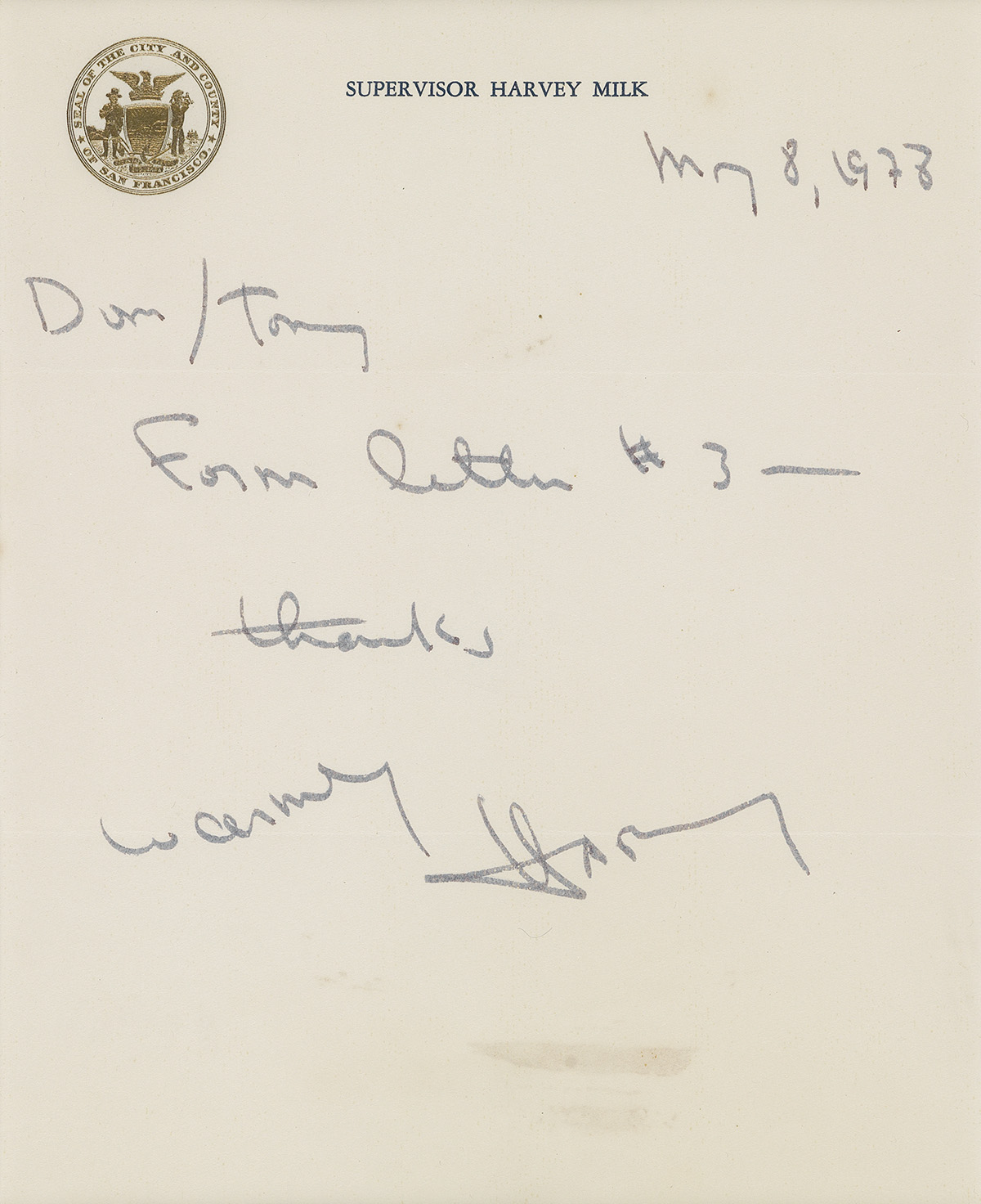 HARVEY MILK (1930-1978)  Autograph Letter Signed.